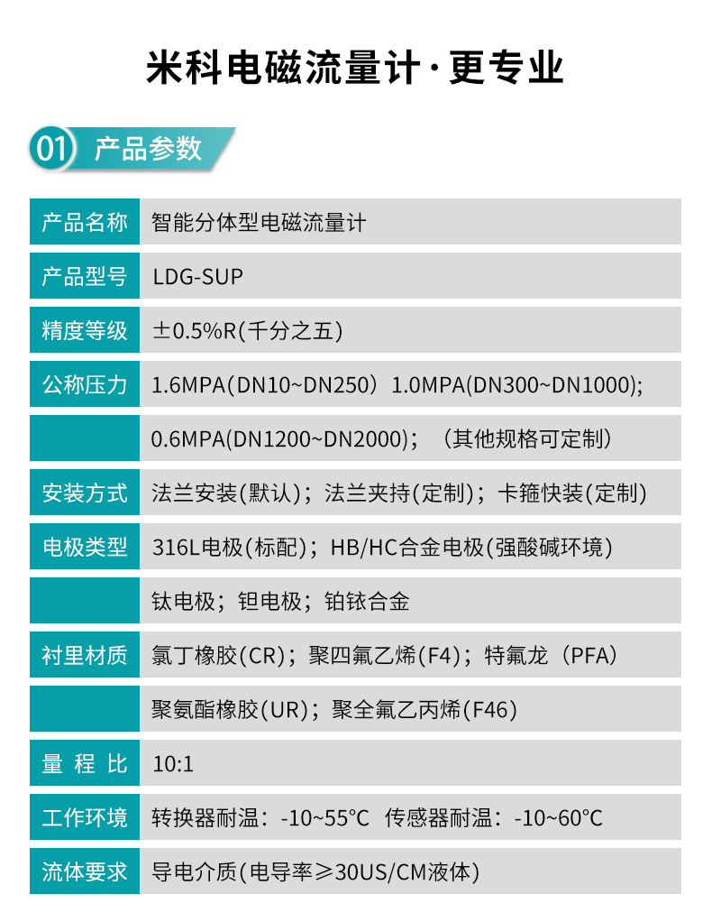 米科 LDG-MIK分體式電磁流量計(jì)產(chǎn)品參數(shù)